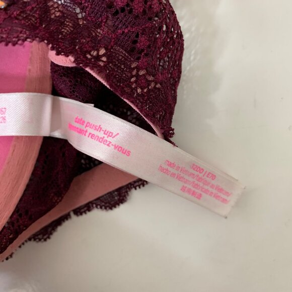 PINK Date Push-up  Burgundy Lace Front Close Underwire Bra Size 32DD - Picture 7 of 8